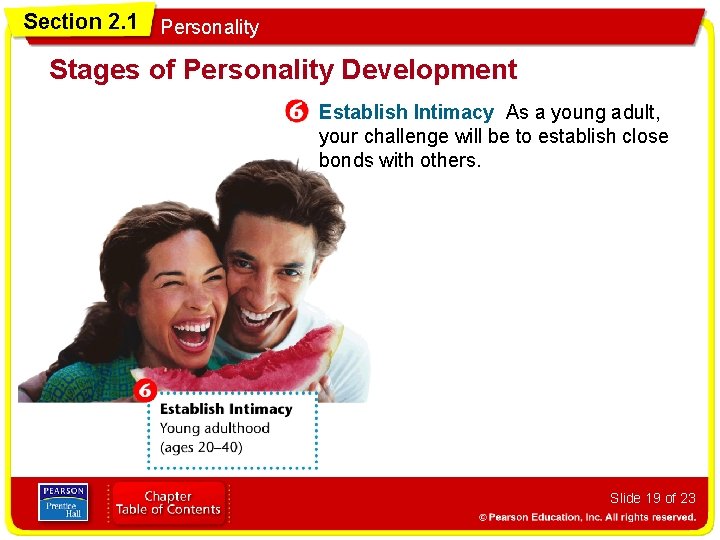 Section 2. 1 Personality Stages of Personality Development Establish Intimacy As a young adult,