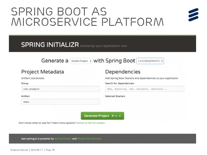 Spring boot as Microservice platform Ericsson Internal | 2016 -05 -17 | Page 36
