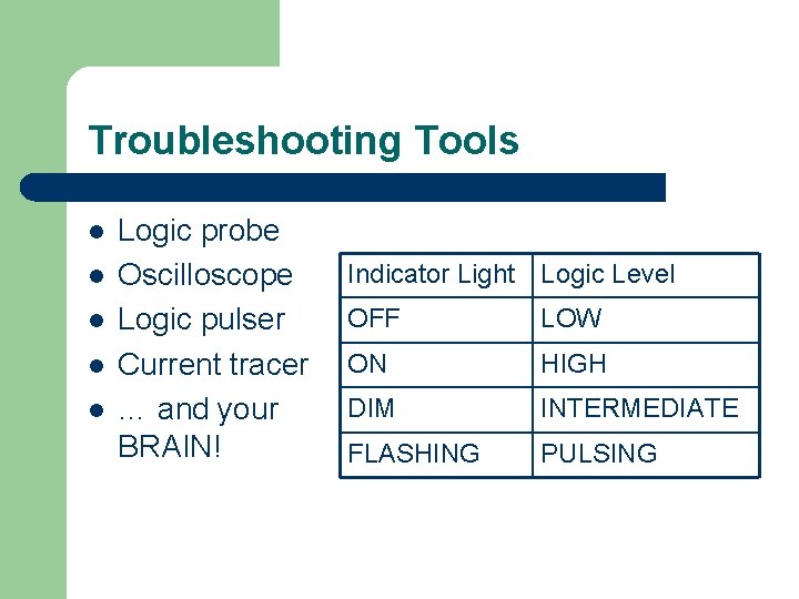Troubleshooting Tools l l l Logic probe Oscilloscope Logic pulser Current tracer … and