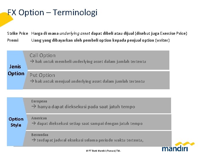 FX Option – Terminologi Strike Price Harga di mana underlying asset dapat dibeli atau