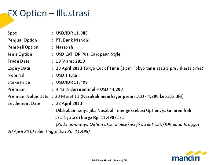 FX Option – Illustrasi Spot Penjual Option Pembeli Option Jenis Option Trade Date Expiry