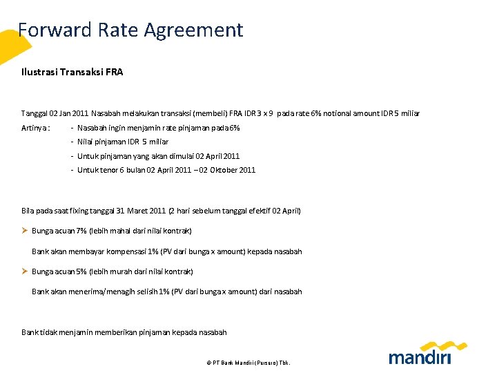 Forward Rate Agreement Ilustrasi Transaksi FRA Tanggal 02 Jan 2011 Nasabah melakukan transaksi (membeli)