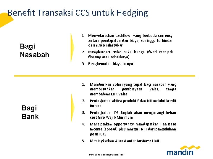 Benefit Transaksi CCS untuk Hedging Bagi Nasabah 1. Menyelaraskan cashflow yang berbeda currency antara