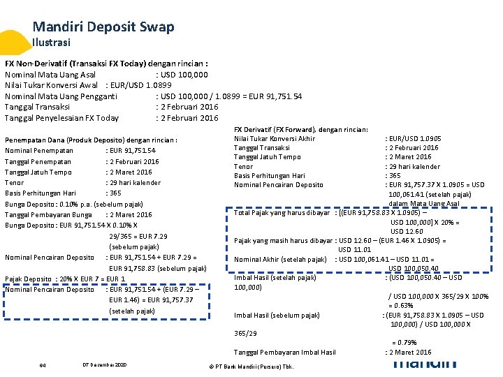 Mandiri Deposit Swap Ilustrasi FX Non-Derivatif (Transaksi FX Today) dengan rincian : Nominal Mata