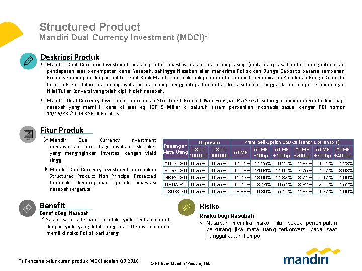 Structured Product Mandiri Dual Currency Investment (MDCI)* Deskripsi Produk • Mandiri Dual Currency Investment