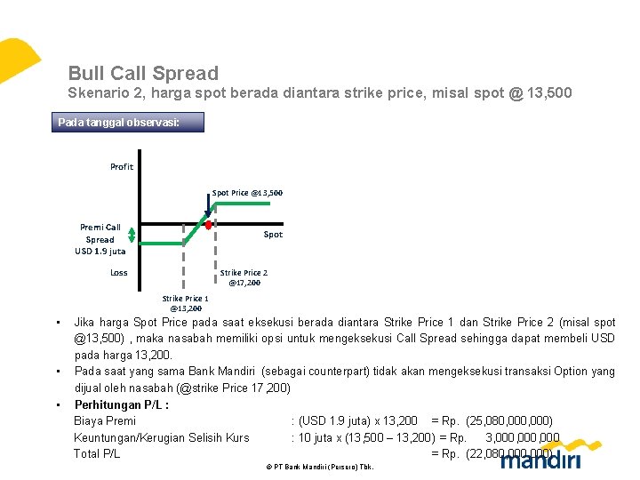 Bull Call Spread Skenario 2, harga spot berada diantara strike price, misal spot @