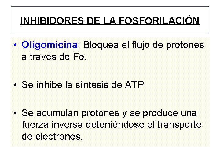 INHIBIDORES DE LA FOSFORILACIÓN • Oligomicina: Bloquea el flujo de protones a través de