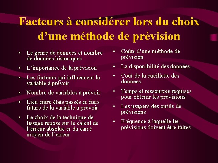 Facteurs à considérer lors du choix d’une méthode de prévision • Le genre de