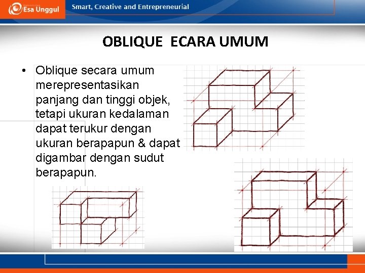 OBLIQUE ECARA UMUM • Oblique secara umum merepresentasikan panjang dan tinggi objek, tetapi ukuran