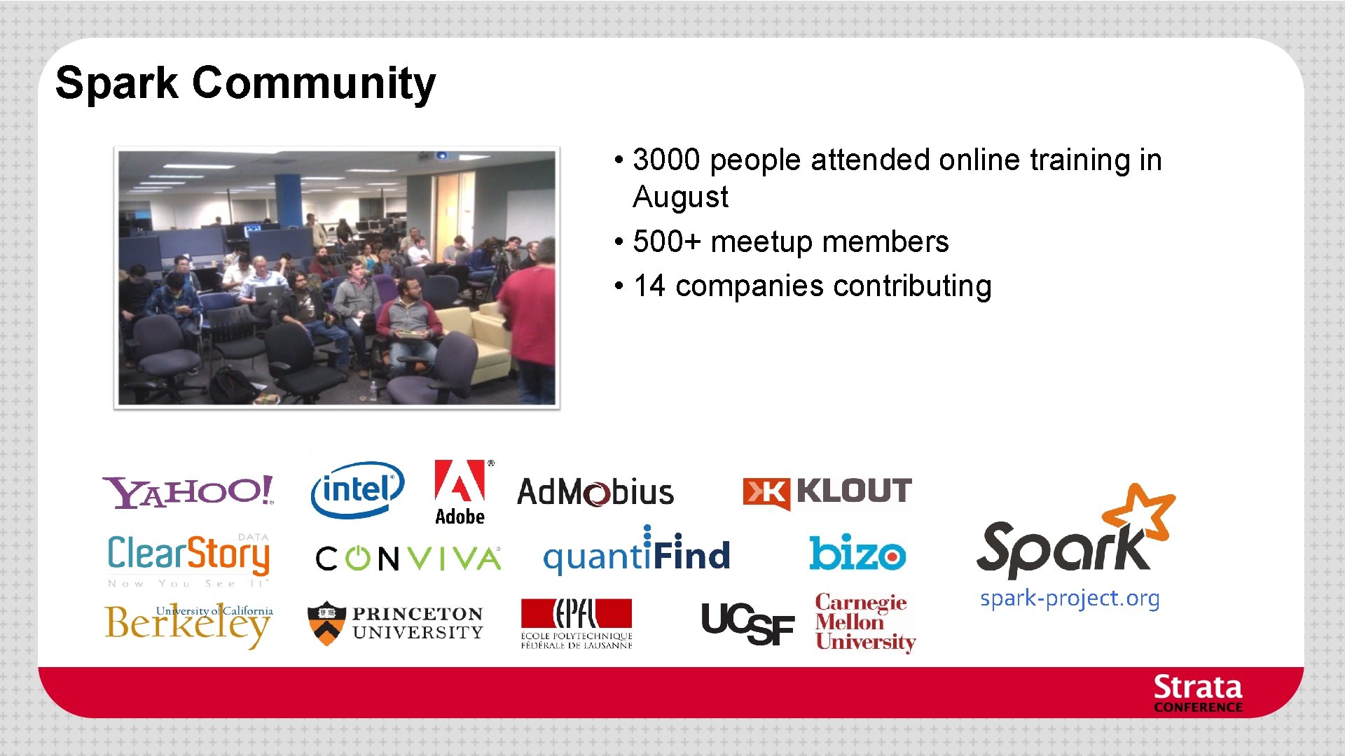 Spark Community • 3000 people attended online training in August • 500+ meetup members