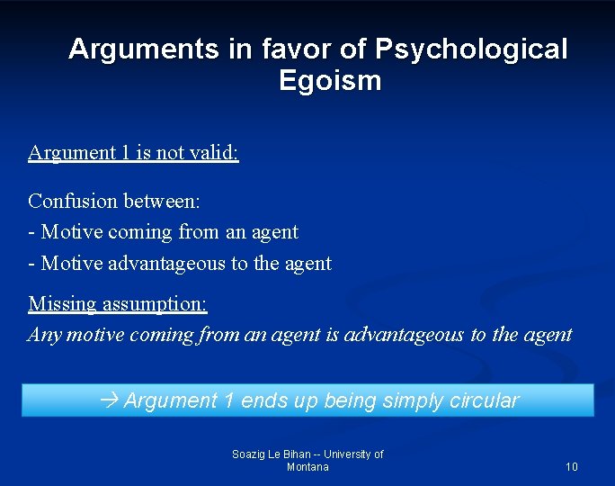 Arguments in favor of Psychological Egoism Argument 1 is not valid: Confusion between: -