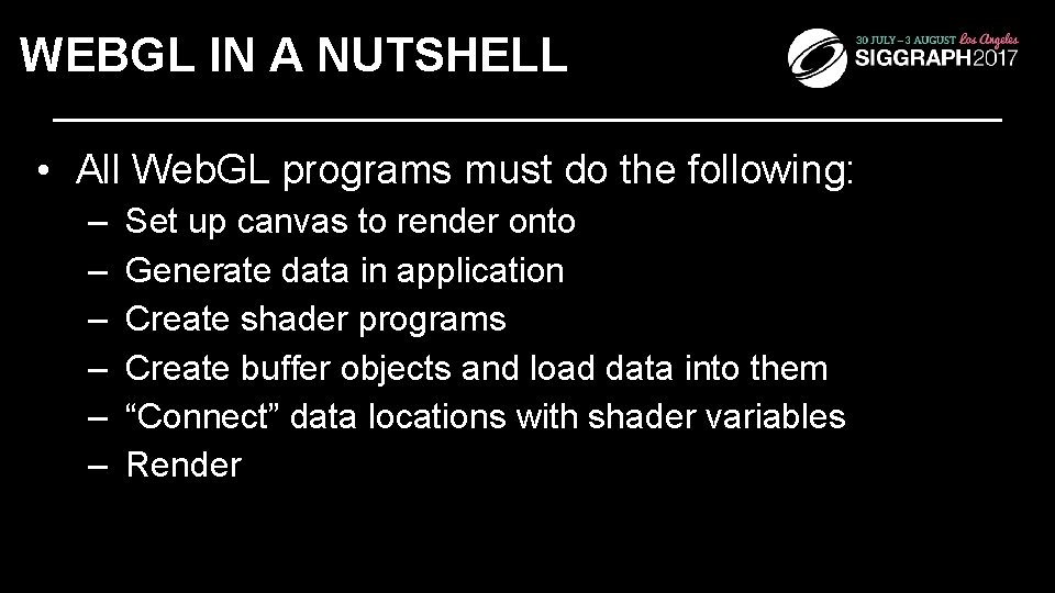 WEBGL IN A NUTSHELL • All Web. GL programs must do the following: –