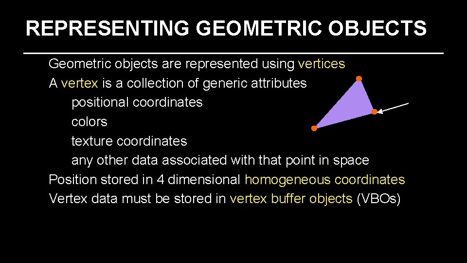 REPRESENTING GEOMETRIC OBJECTS Geometric objects are represented using vertices A vertex is a collection