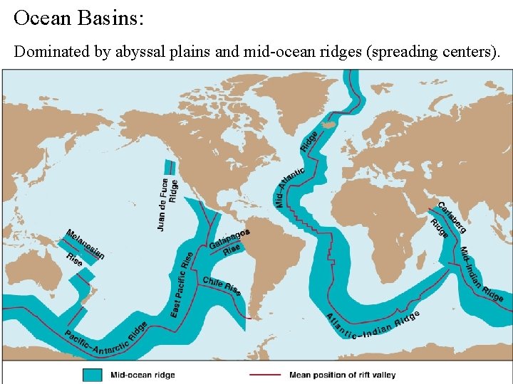 Ocean Basins: Dominated by abyssal plains and mid-ocean ridges (spreading centers). 