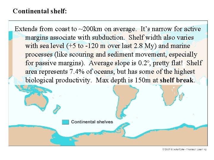 Continental shelf: Extends from coast to ~200 km on average. It’s narrow for active