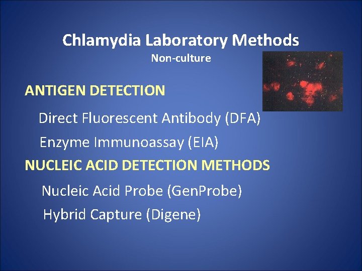 Chlamydia Laboratory Methods Non-culture ANTIGEN DETECTION Direct Fluorescent Antibody (DFA) Enzyme Immunoassay (EIA) NUCLEIC