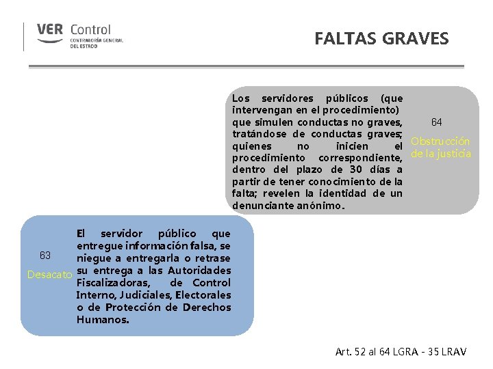 FALTAS GRAVES Los servidores públicos (que intervengan en el procedimiento) 64 que simulen conductas