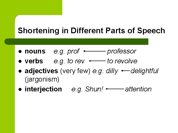 Shortening in Different Parts of Speech l l nouns e. g. professor verbs e.