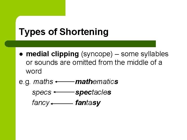 Types of Shortening medial clipping (syncope) – some syllables or sounds are omitted from