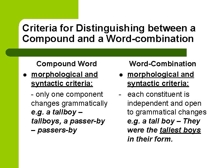 Criteria for Distinguishing between a Compound a Word-combination l Compound Word morphological and syntactic