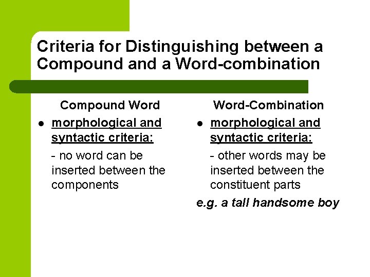 Criteria for Distinguishing between a Compound a Word-combination l Compound Word morphological and syntactic