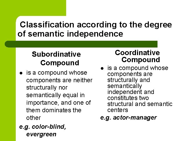 Classification according to the degree of semantic independence Subordinative Compound is a compound whose