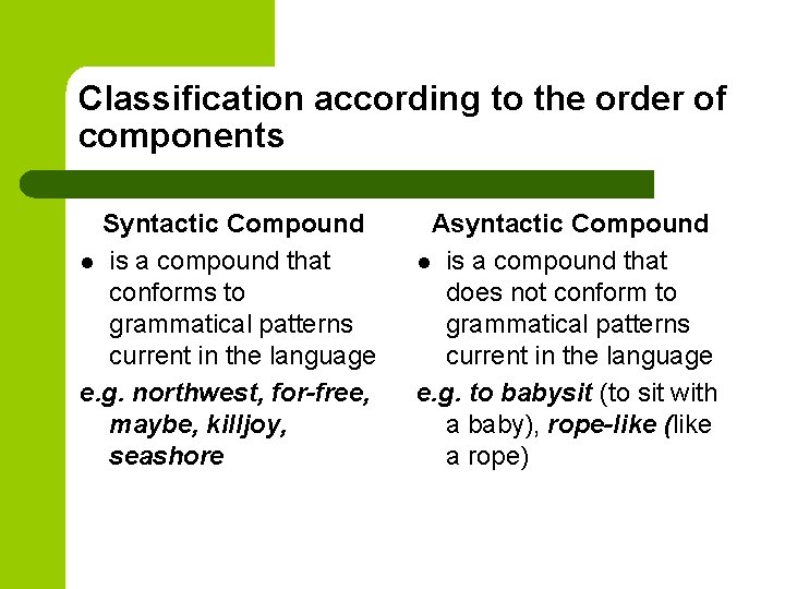 Classification according to the order of components Syntactic Compound l is a compound that