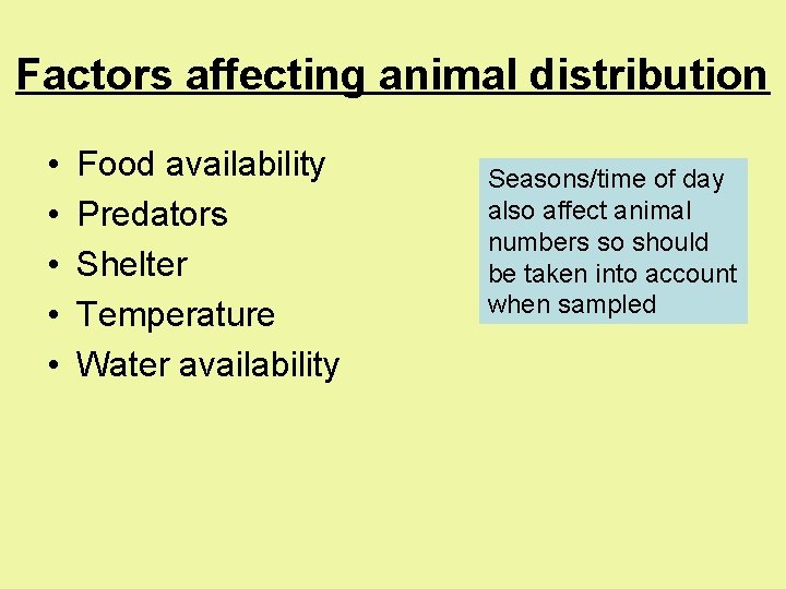 Factors affecting animal distribution • • • Food availability Predators Shelter Temperature Water availability