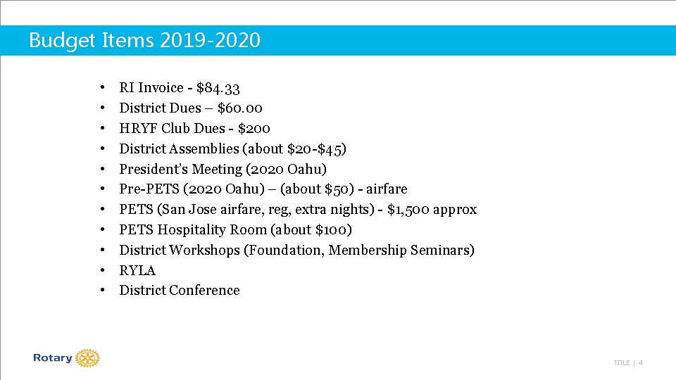 Budget Items 2019 -2020 • • • RI Invoice - $84. 33 District Dues