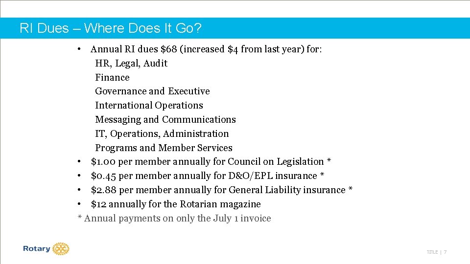 RI Dues – Where Does It Go? • Annual RI dues $68 (increased $4