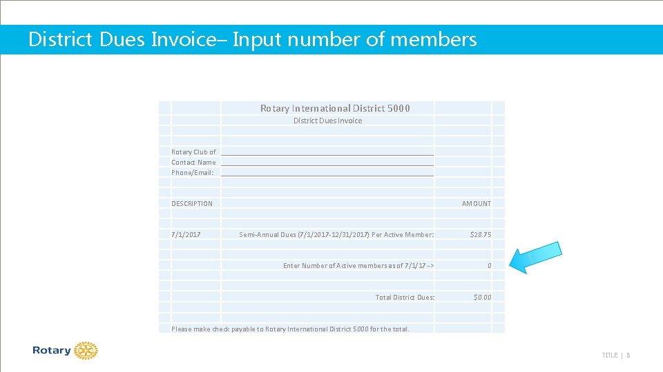 District Dues Invoice– Input number of members Rotary International District 5000 District Dues Invoice