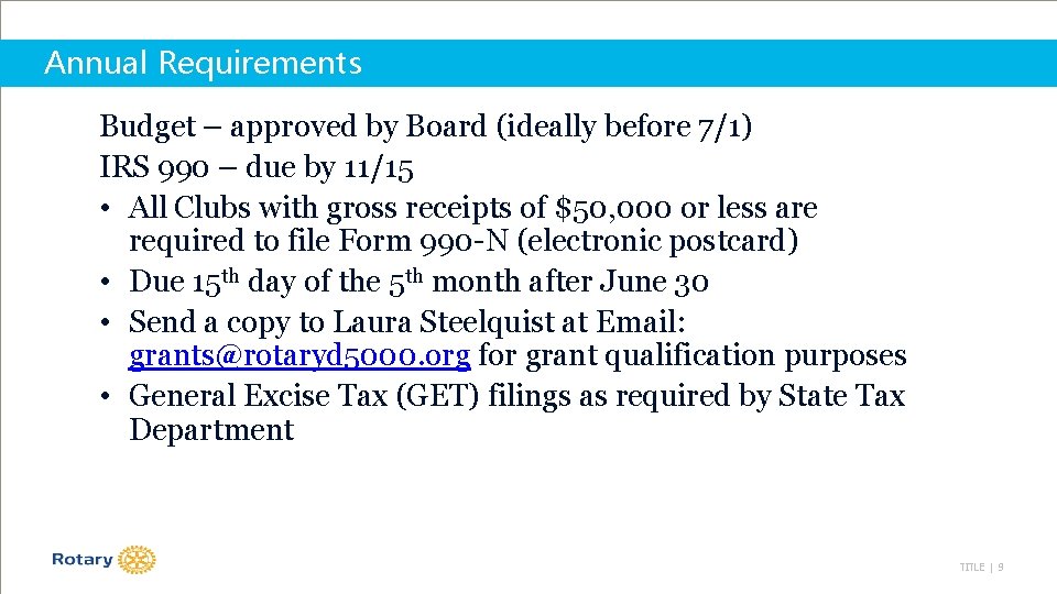 Annual Requirements Budget – approved by Board (ideally before 7/1) IRS 990 – due