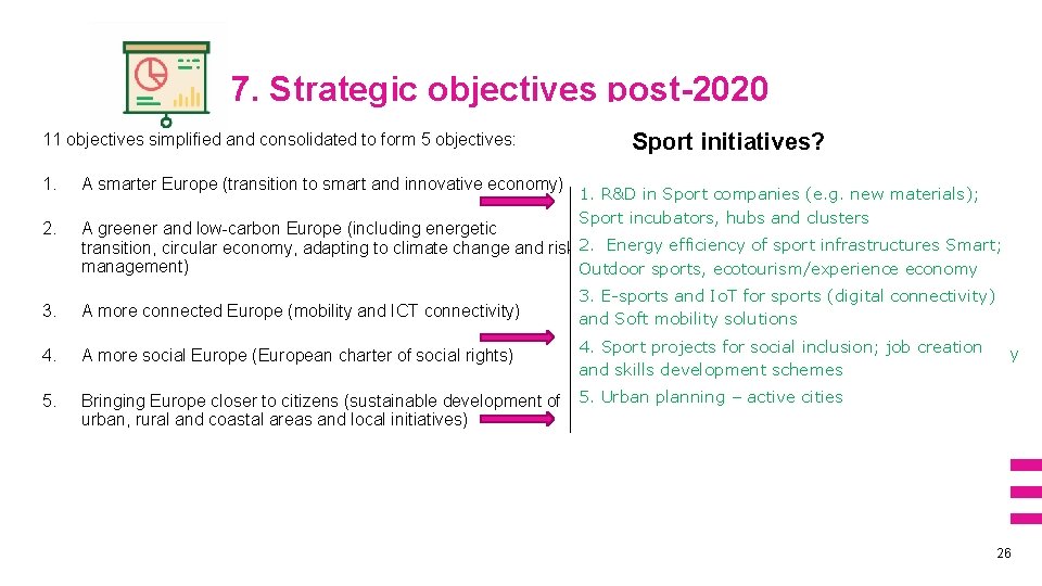7. Strategic objectives post-2020 11 objectives simplified and consolidated to form 5 objectives: Sportinitiatives?