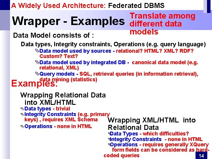 A Widely Used Architecture: Federated DBMS Wrapper - Examples Data Model consists of :