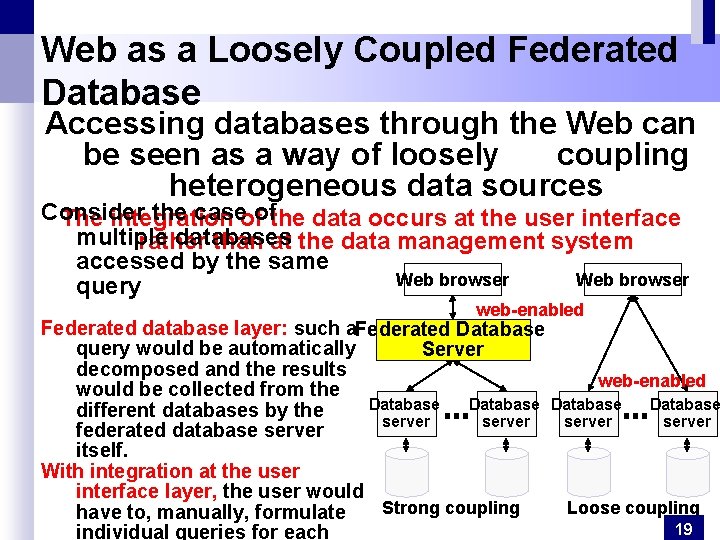 Web as a Loosely Coupled Federated Database Accessing databases through the Web can be