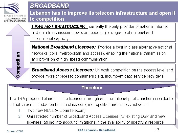 BROADBAND Lebanon has to improve its telecom infrastructure and open it to competition Fixed