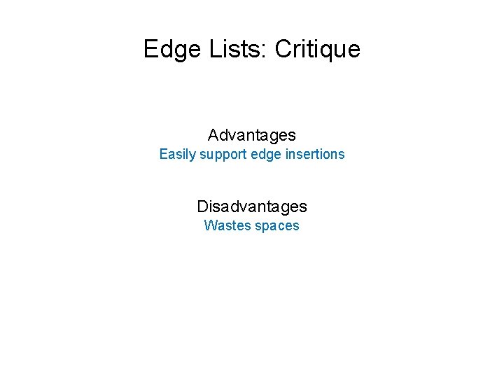 Edge Lists: Critique Advantages Easily support edge insertions Disadvantages Wastes spaces 