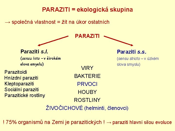 PARAZITI = ekologická skupina → společná vlastnost = žít na úkor ostatních PARAZITI Paraziti