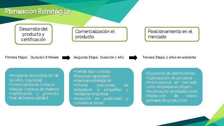 Planeación Estratégica Desarrollo del producto y certificación Primera Etapa: Duración 6 Meses • Programa