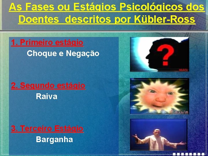 As Fases ou Estágios Psicológicos dos Doentes descritos por Kübler-Ross 1. Primeiro estágio Choque