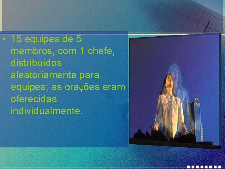  • 15 equipes de 5 membros, com 1 chefe, distribuídos aleatoriamente para equipes;