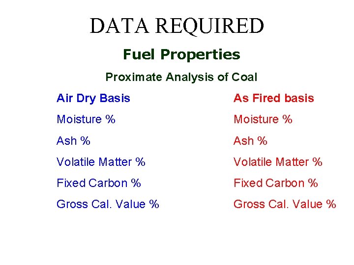 DATA REQUIRED Fuel Properties Proximate Analysis of Coal Air Dry Basis As Fired basis