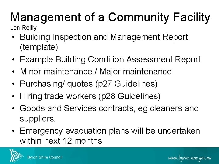 Management of a Community Facility Len Reilly • Building Inspection and Management Report (template)