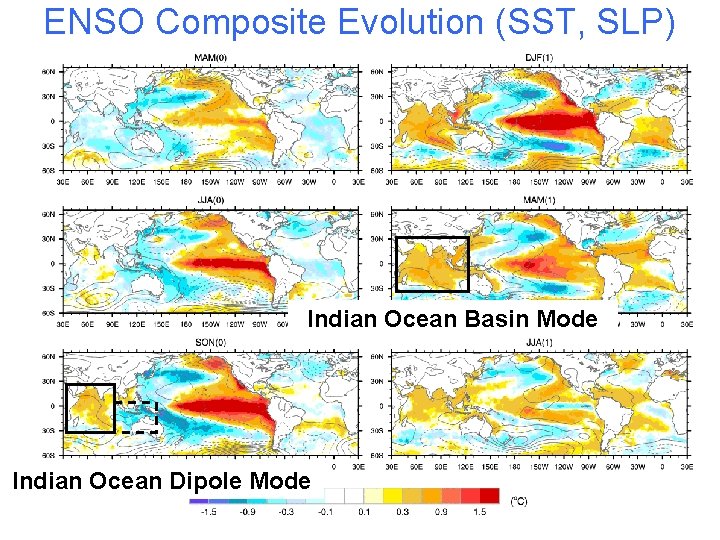 ENSO Composite Evolution (SST, SLP) Indian Ocean Basin Mode Indian Ocean Dipole Mode 