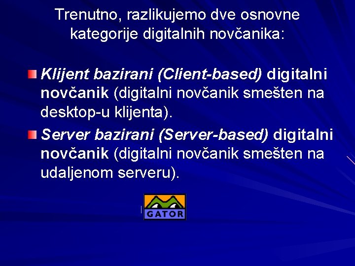 Trenutno, razlikujemo dve osnovne kategorije digitalnih novčanika: Klijent bazirani (Client-based) digitalni novčanik (digitalni novčanik