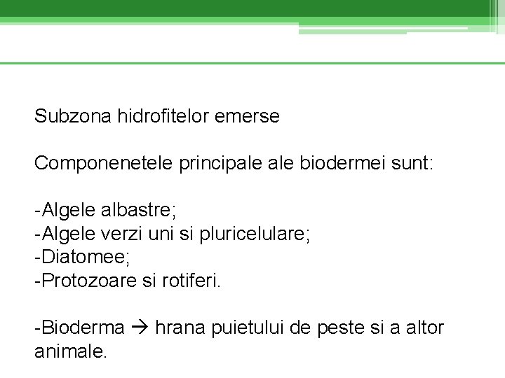 Subzona hidrofitelor emerse Componenetele principale biodermei sunt: -Algele albastre; -Algele verzi uni si pluricelulare;