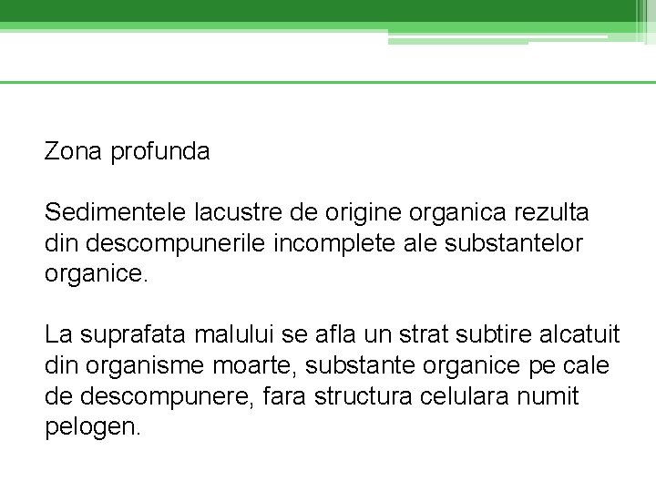 Zona profunda Sedimentele lacustre de origine organica rezulta din descompunerile incomplete ale substantelor organice.