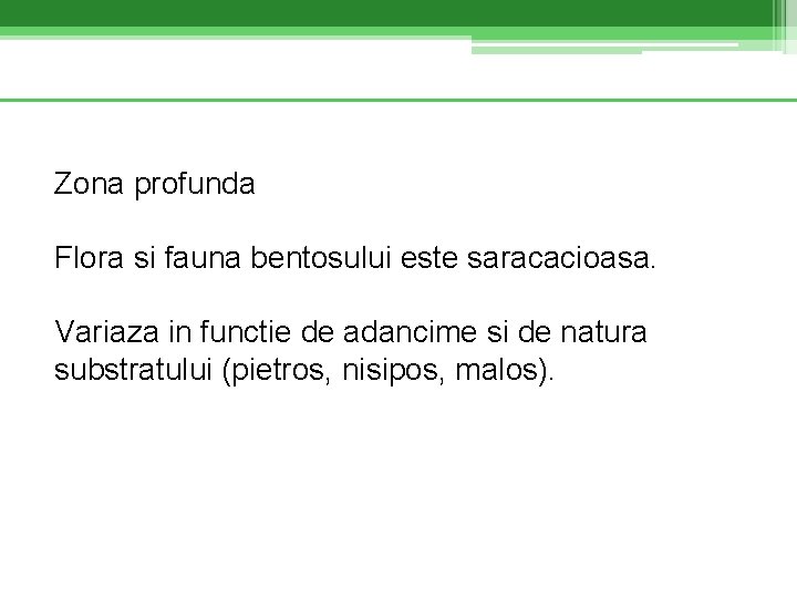 Zona profunda Flora si fauna bentosului este saracacioasa. Variaza in functie de adancime si