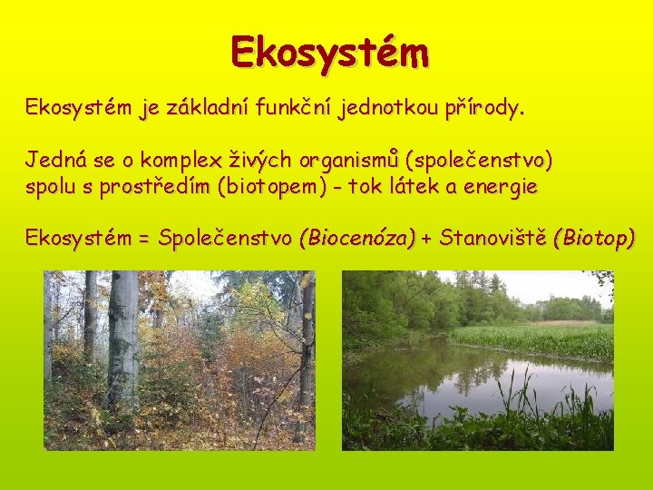 Ekosystém je základní funkční jednotkou přírody. Jedná se o komplex živých organismů (společenstvo) spolu