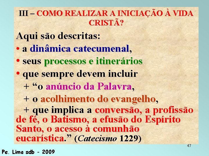 III – COMO REALIZAR A INICIAÇÃO À VIDA CRISTÃ? Aqui são descritas: • a